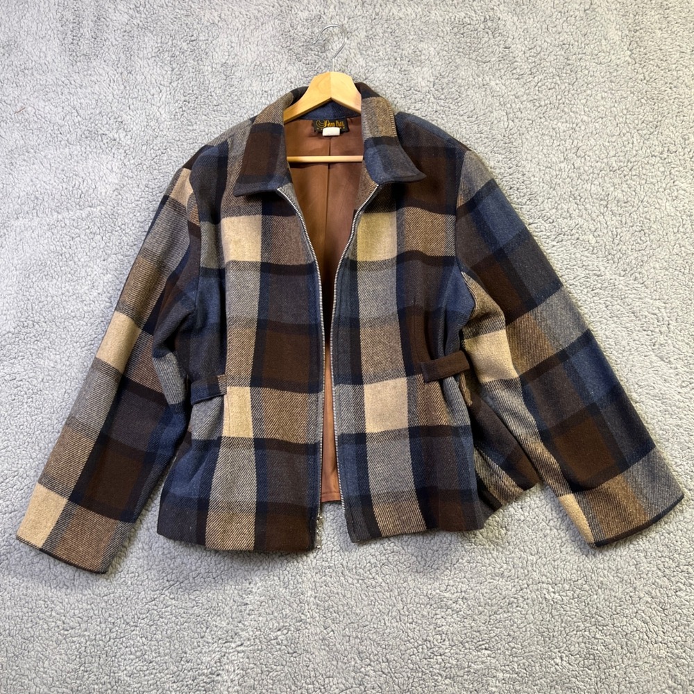 VTG David Paul New York Jacket Women L Brown Blue Plaid Wool Blend Zip Up Blazer - Picture 3 of 6